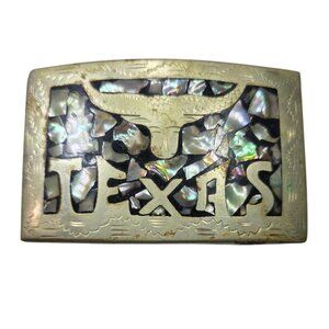 Vtg Texas Belt Buckle Abalone Shell Inlay Western cowboy statement accessory